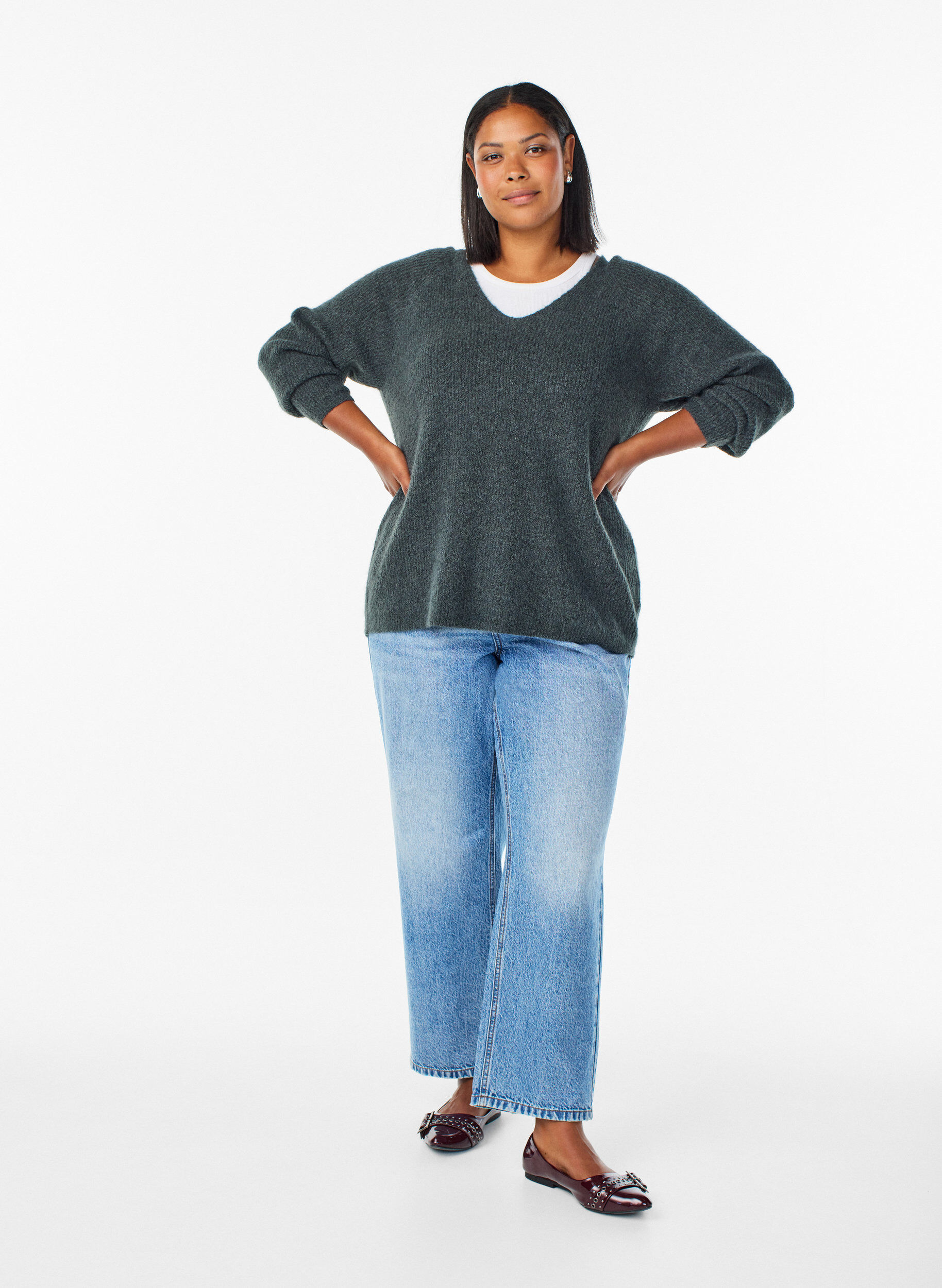 ZizziStrickbluse mit V-Ausschnitt und Raglan&auml;rmeln, Gr&uuml;n, Model image number 1