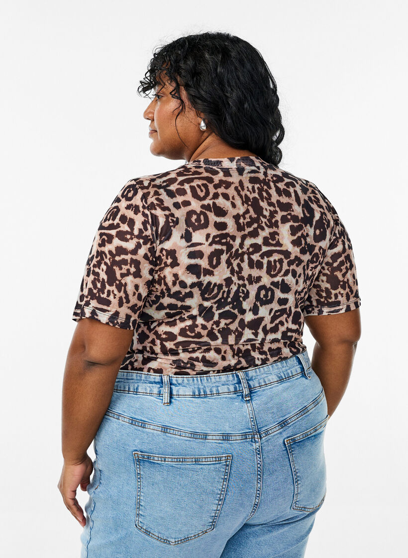 Bluse aus Mesh, mit kurzen Ärmeln, Braun, Model image number 2