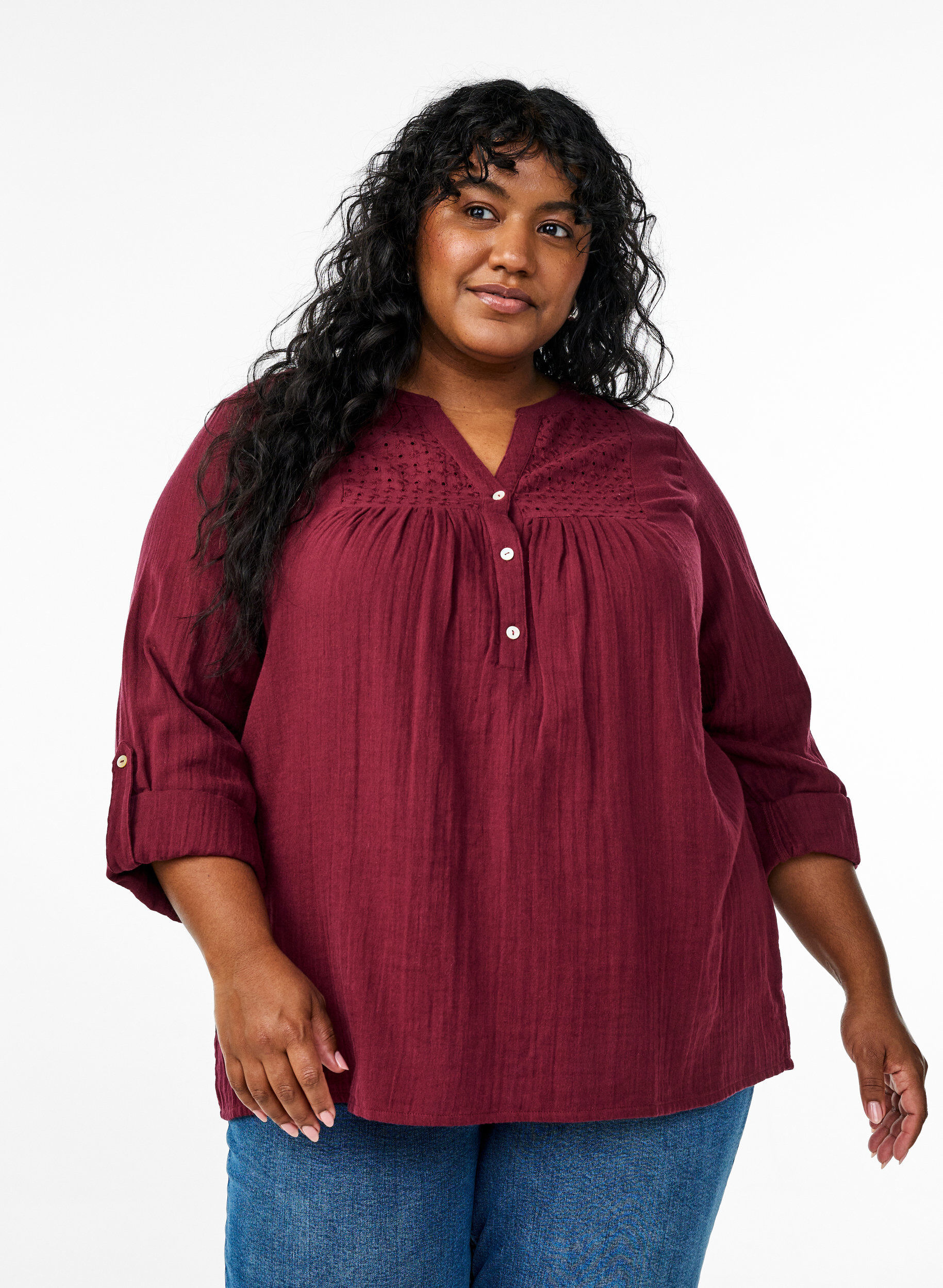 ZizziBluse aus Baumwollmusselin mit Lochstickerei, Dunkles Bordeaux, Model image number 0