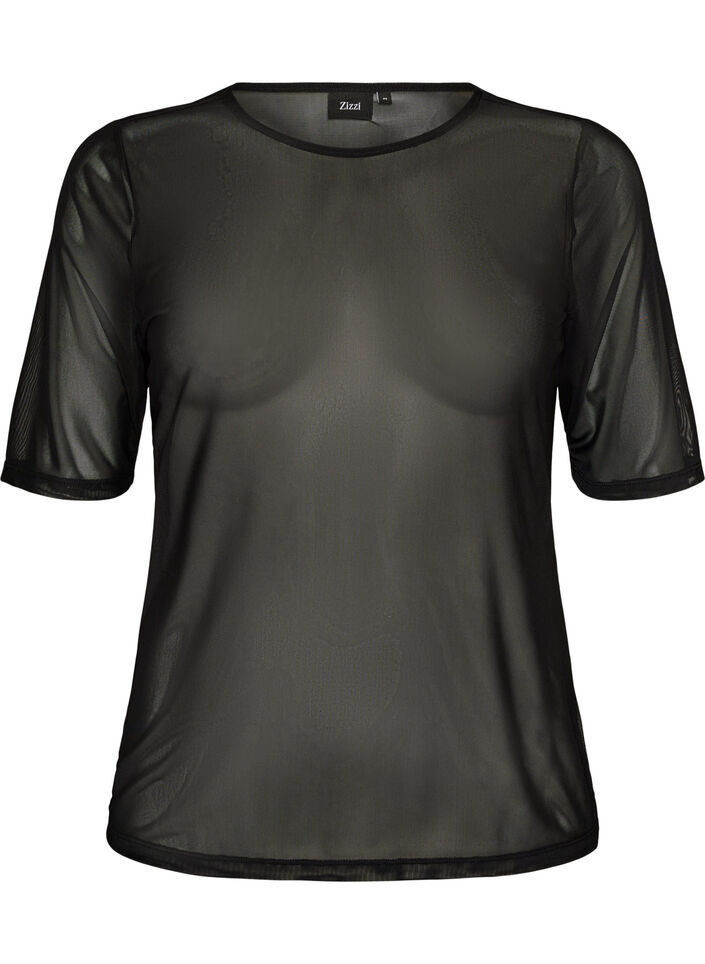 Top aus Mesh mit kurzen &Auml;rmeln und Rundhalsausschnitt, Schwarz, Packshot image number 0