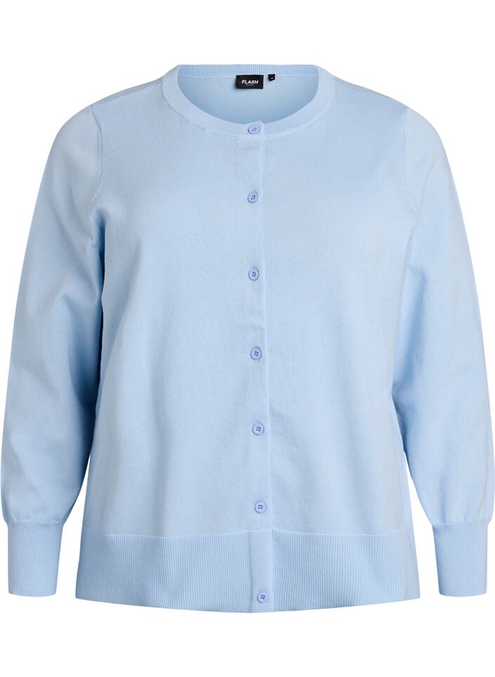 Feinstrick-Strickjacke mit Rundhalsausschnitt, Blau, Packshot image number 0