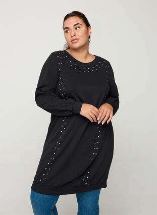 Sweatkleid aus Baumwolle mit Nieten, Black, Model image number 0