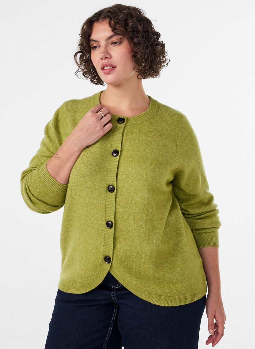 Strickjacke mit Kn&ouml;pfen und abgerundeter Vorderseite, Gr&uuml;n, Model image number 0