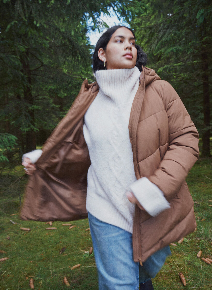 Mittellange Steppjacke mit Kapuze, Braun, Image image number 0