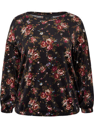 Bluse aus Velours mit Blumenprint und langen Ärmeln, Flower AOP, Packshot image number 0