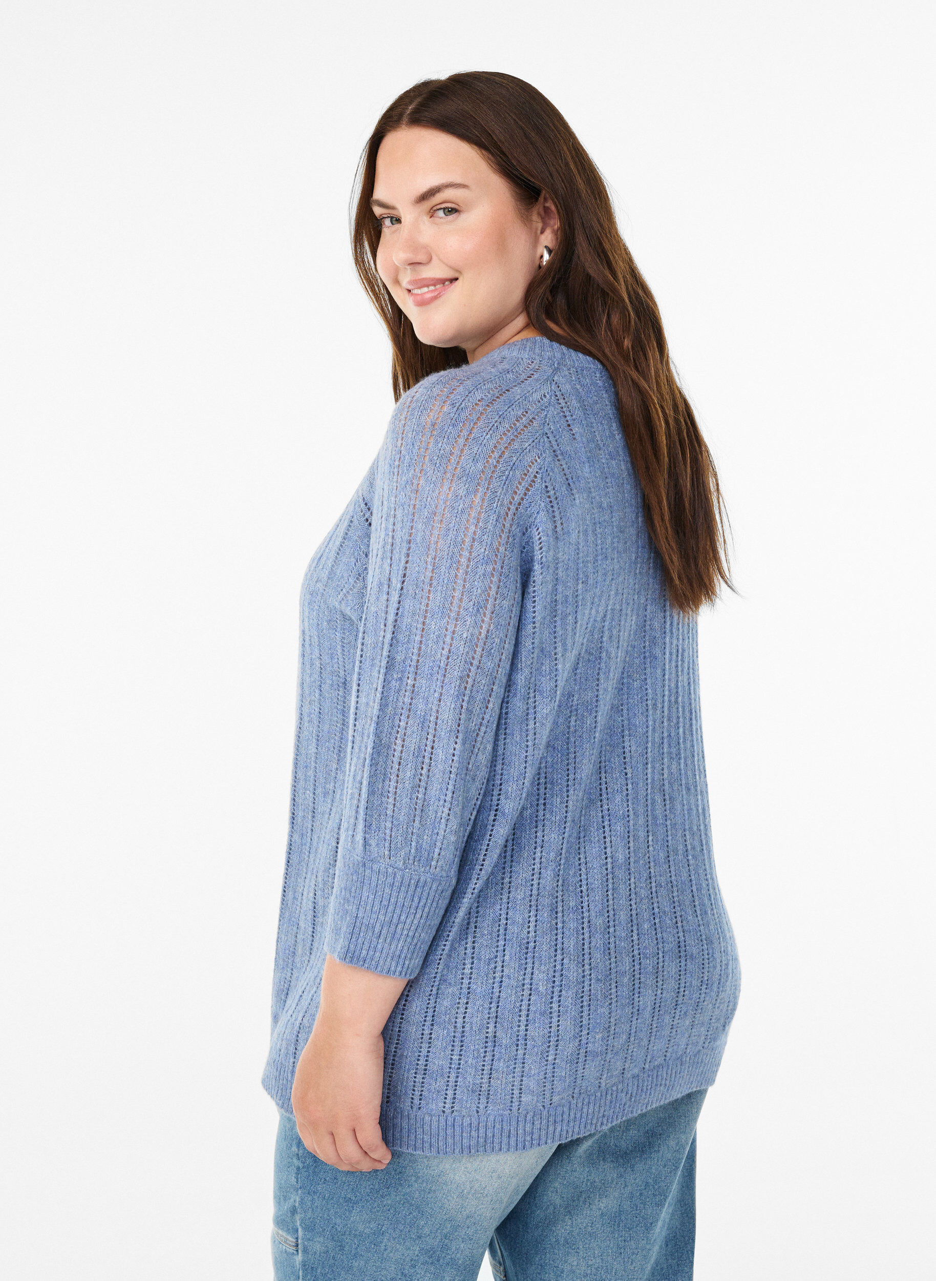 ZizziLockere Strickbluse aus Viskose mit 3/4-&Auml;rmeln und Lochmuster, Blau, Model image number 2