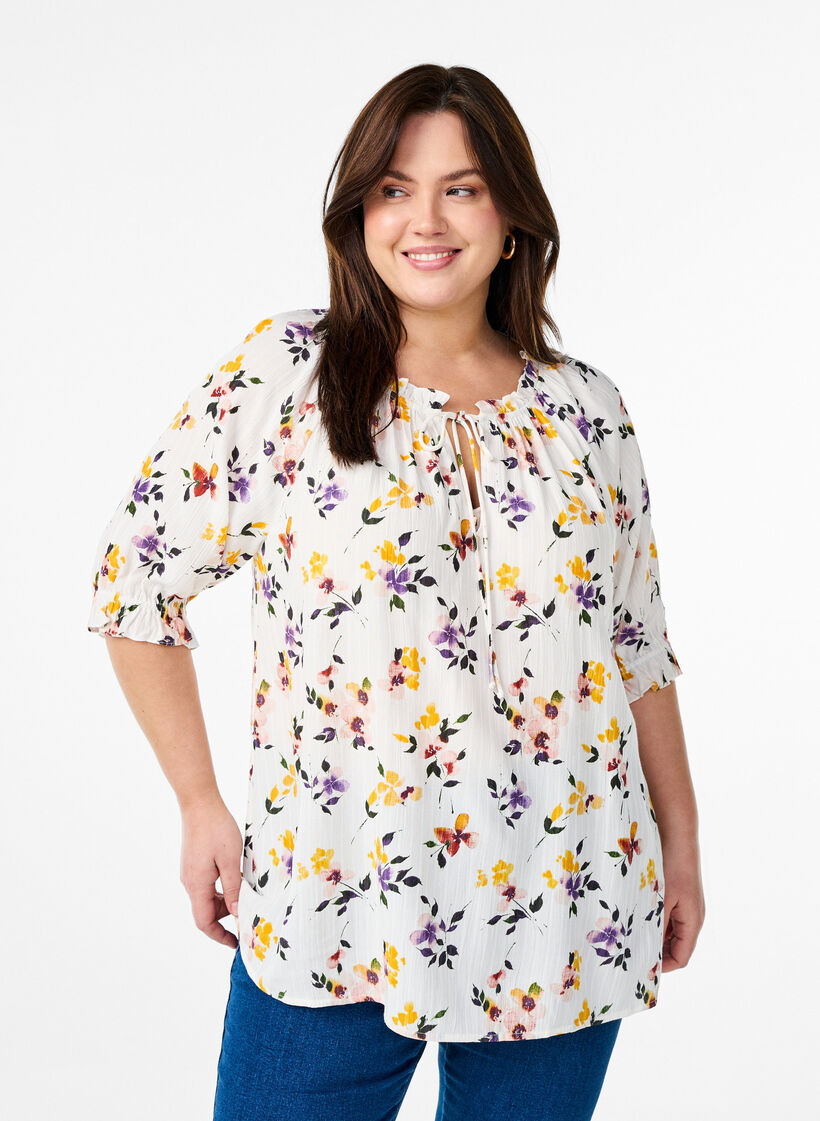 Bluse aus Viskose mit Paisleymuster und Ellbogenärmeln, Weiß, Model image number 0