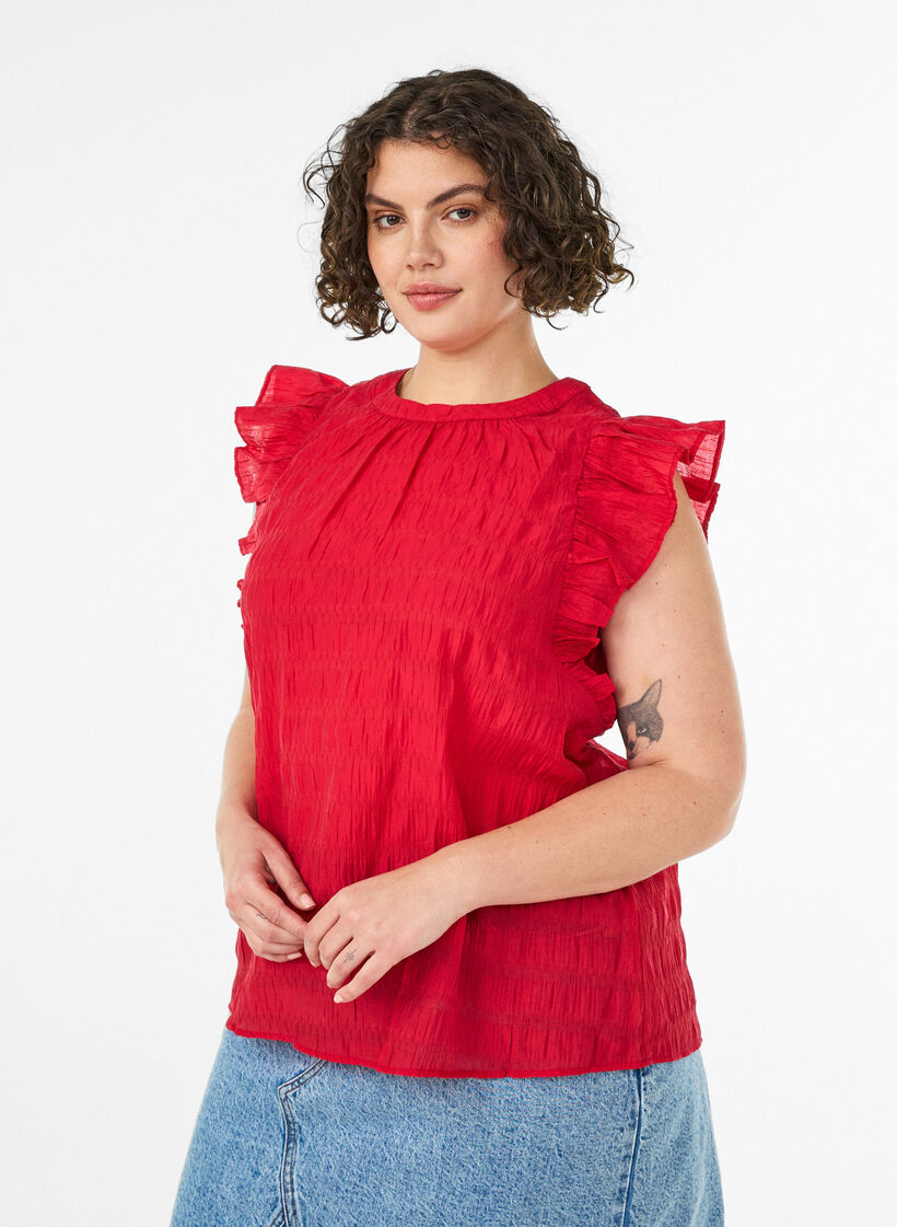 &Auml;rmellose Bluse mit Struktur und R&uuml;schen, Rot, Model image number 0