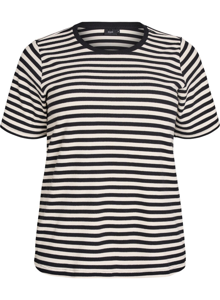 Gestreiftes T-Shirt mit gerippter Struktur, Schwarz, Packshot image number 0