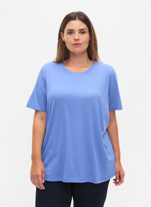 Kurzarm T-Shirt in Rippqualität, Wedgewood, Model image number 0