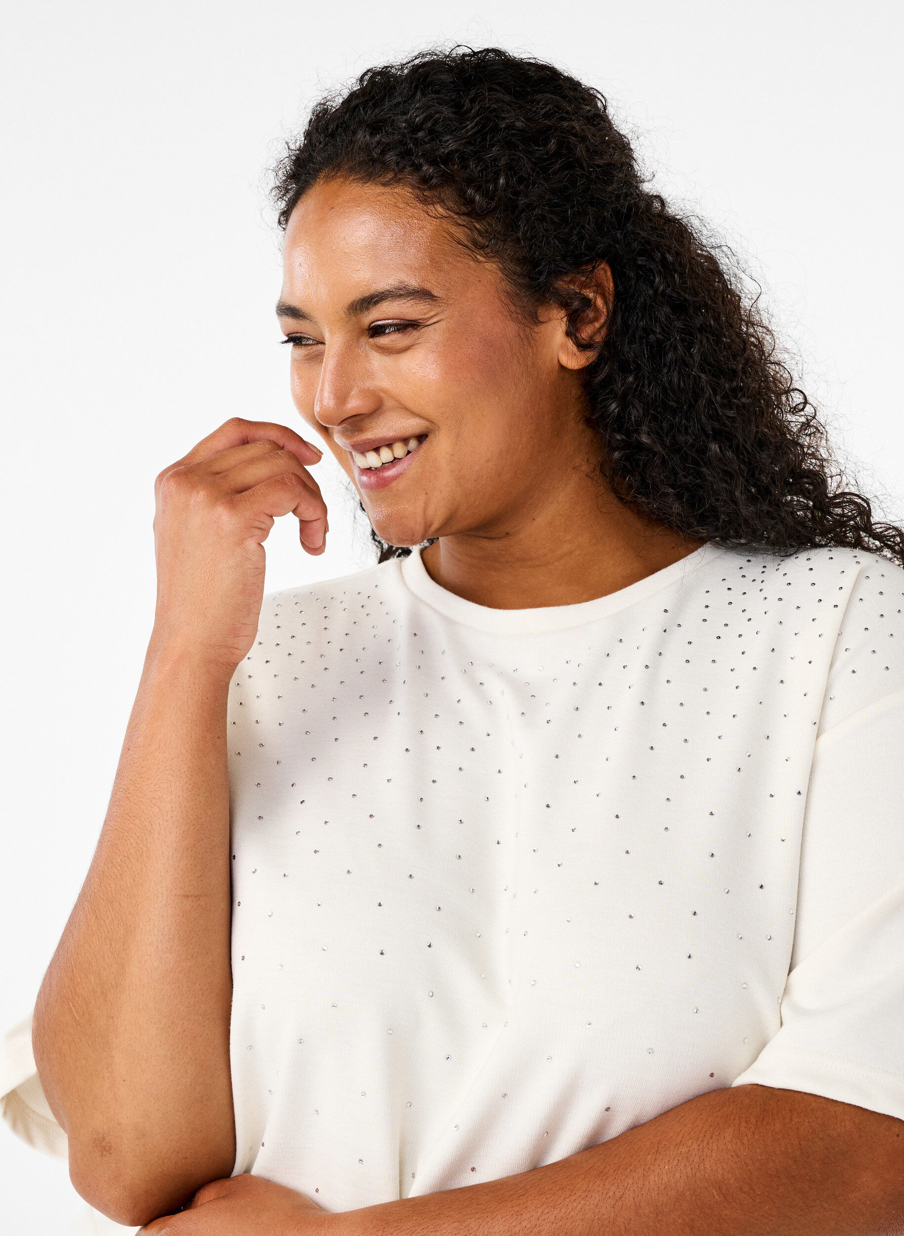 ZizziT-Shirt mit Strasssteinen und Rundhalsausschnitt, Wei&szlig;, Model image number 3