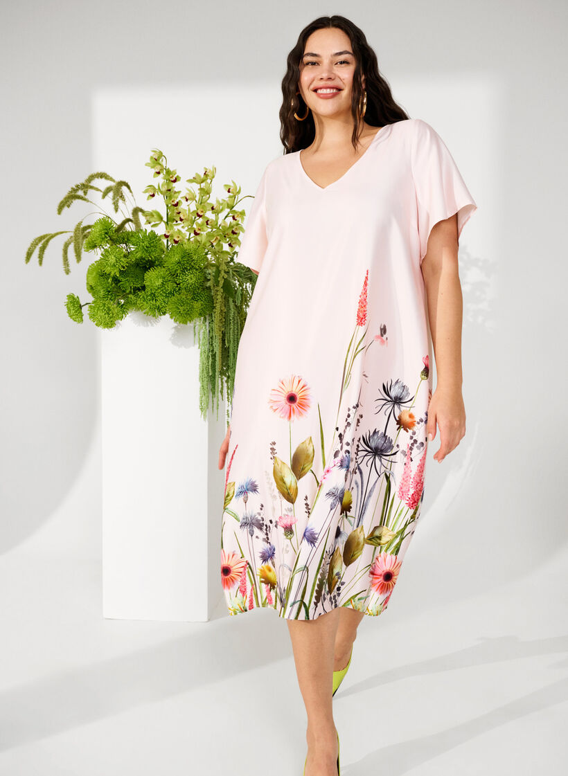 Midikleid mit Blumenprint und kurzen Ärmeln, White Sand, Image image number 0