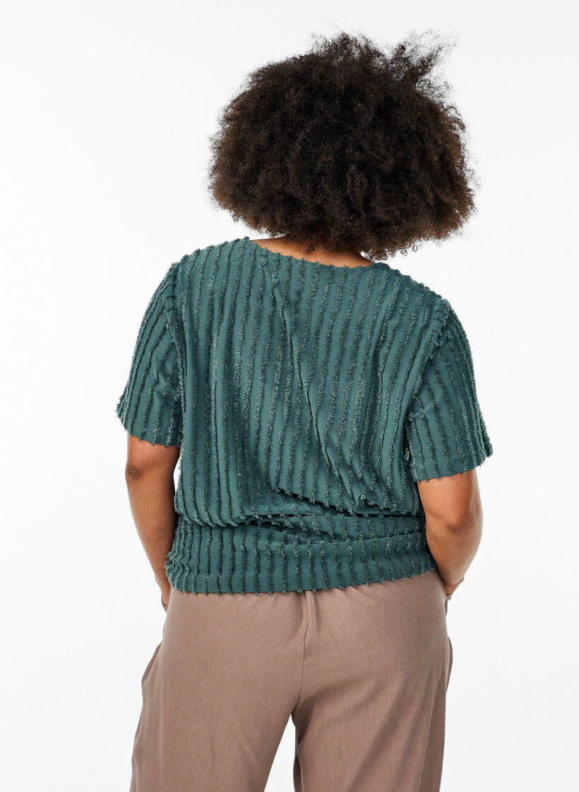 Bluse mit kurzen Ärmeln und Streifenstruktur, Grün, Model image number 2