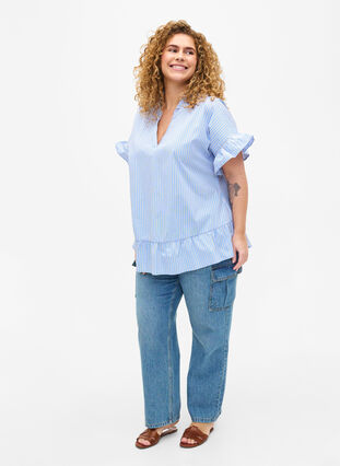 Gestreifte Bluse mit Schößchen- und Rüschendetails, Blue Stripe, Model image number 2