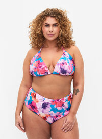 Bikini-Hose mit Print und hoher Taille, Pink Flower, Model