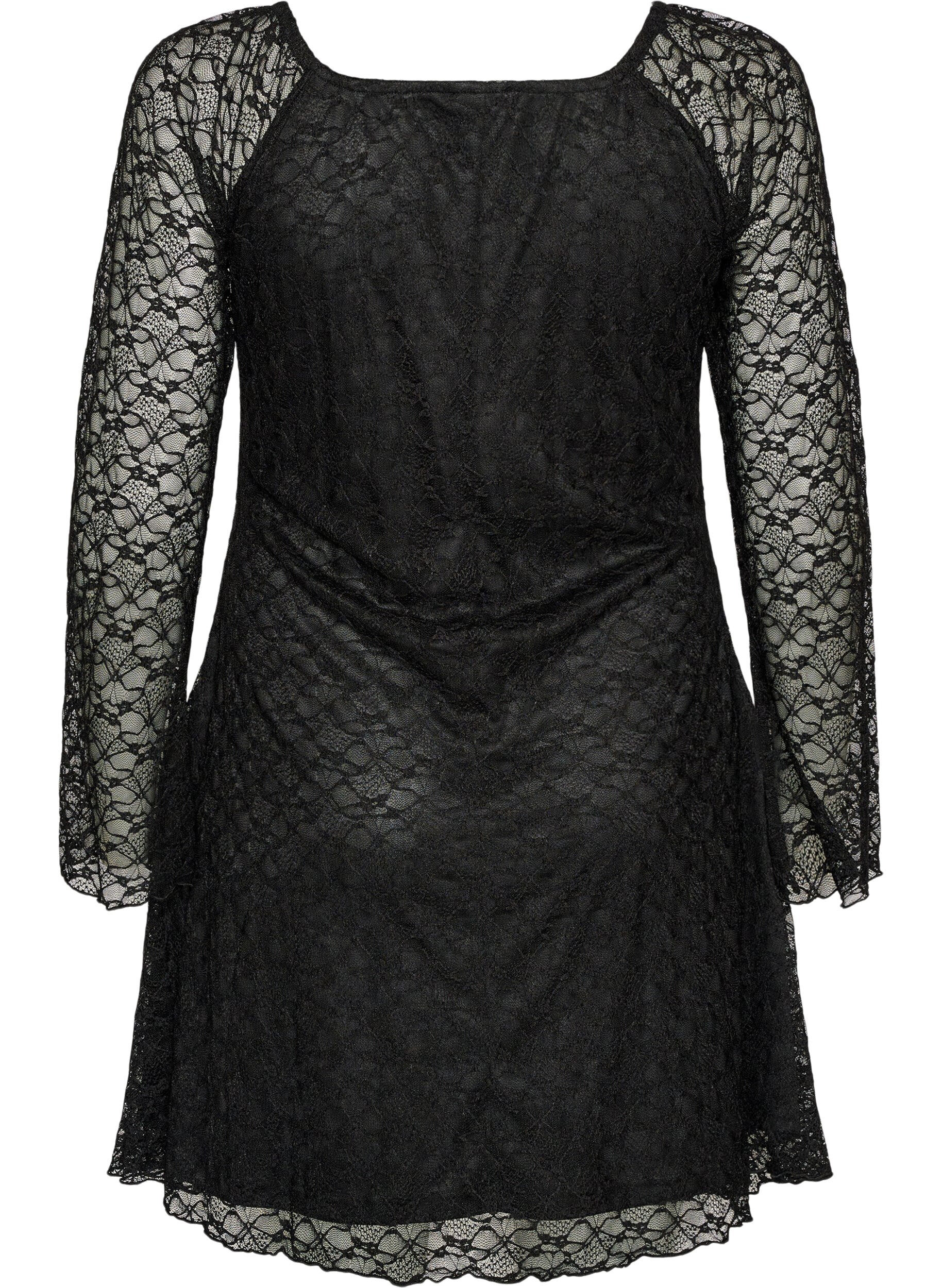 ZizziSpitzenkleid mit Trompeten&auml;rmeln und A-Linie, Schwarz, Packshot image number 1