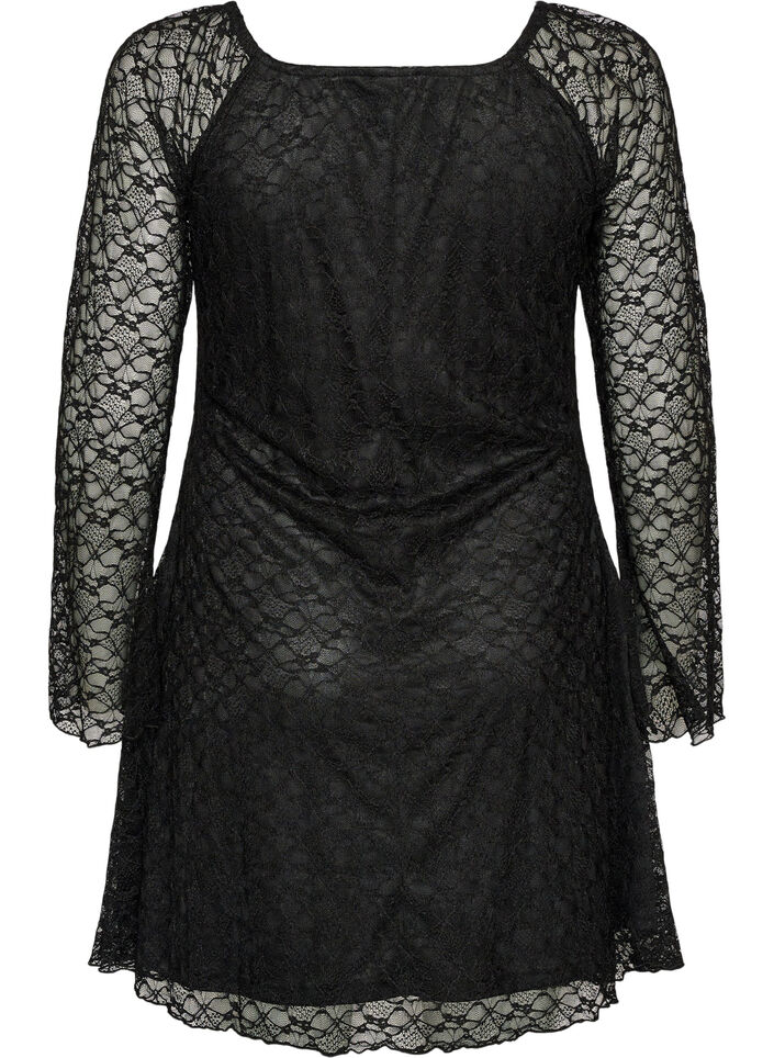 Spitzenkleid mit Trompeten&auml;rmeln und A-Linie, Schwarz, Packshot image number 1