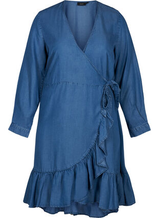 Kurzes Wickelkleid aus Lyocell, Mid blue denim, Packshot image number 0