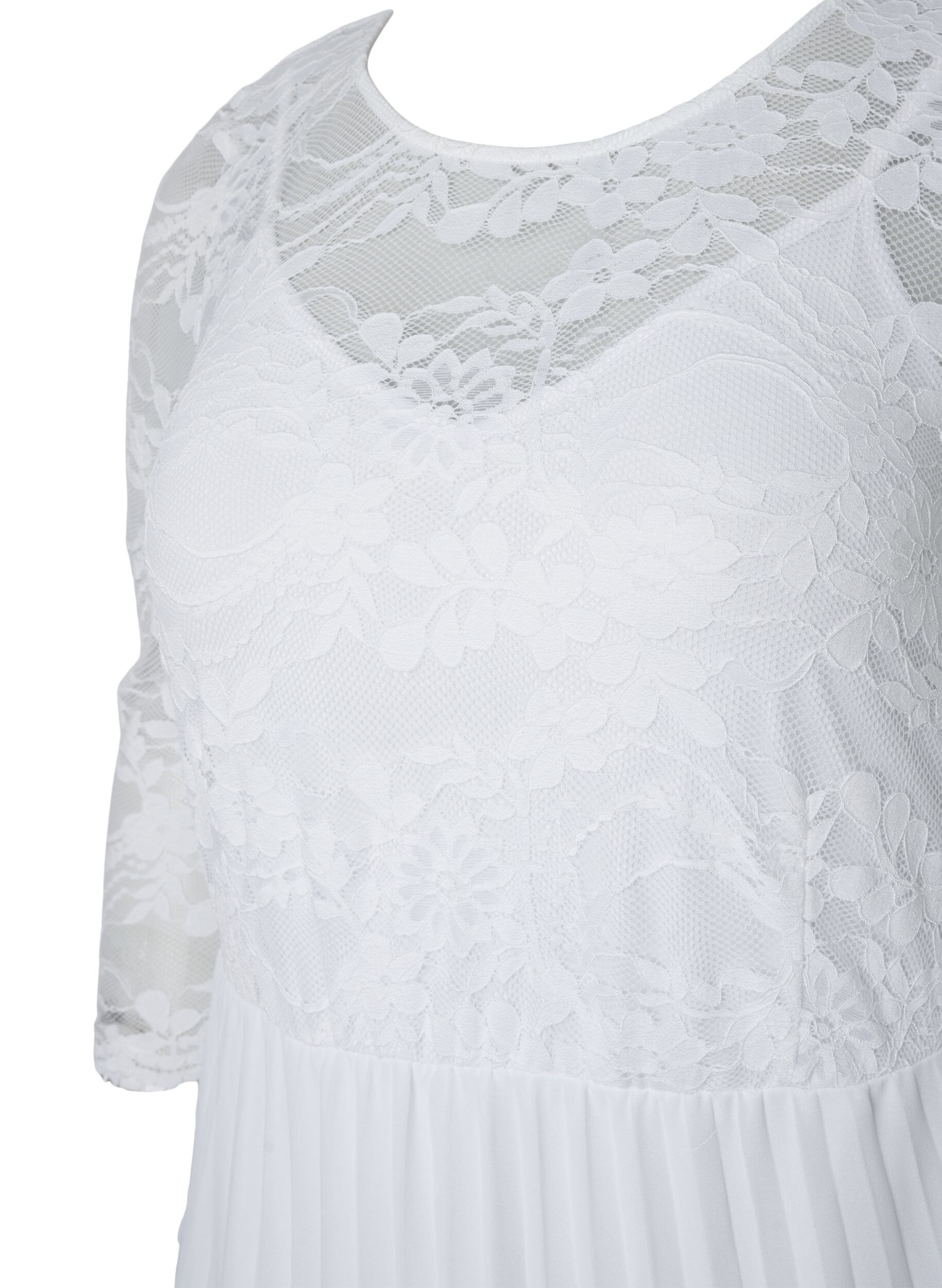 ZizziPlissiertes Kleid mit Spitze und 3/4-&Auml;rmeln, Bright White, Packshot image number 2
