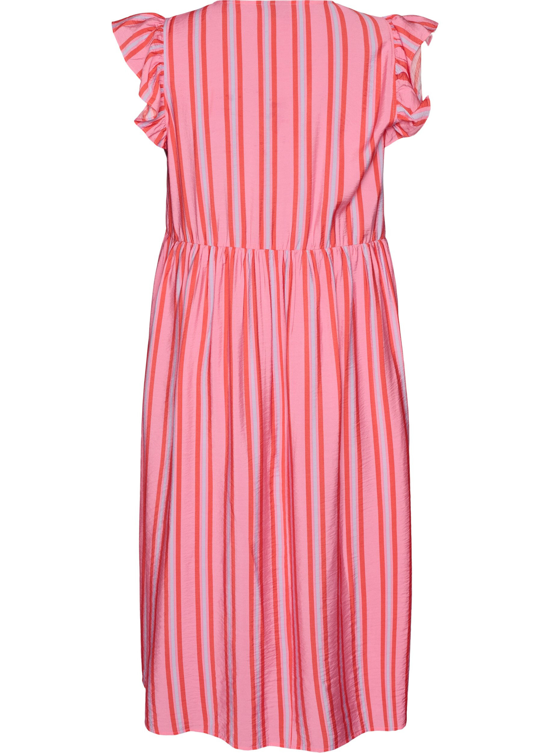 ZizziGestreiftes Midikleid mit Empire-Schnitt und R&uuml;schen, Pink, Packshot image number 1