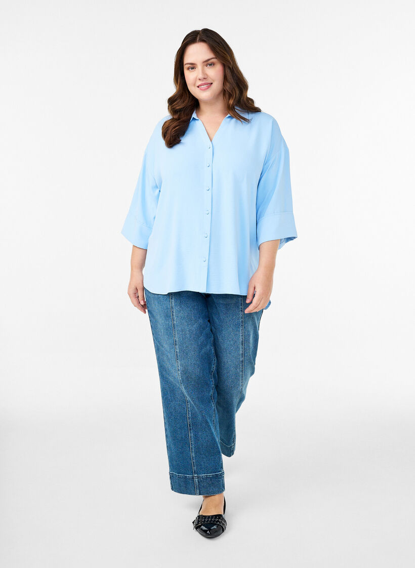 Lockere Bluse mit V-Ausschnitt und 3/4-Ärmeln, Blau, Model image number 1