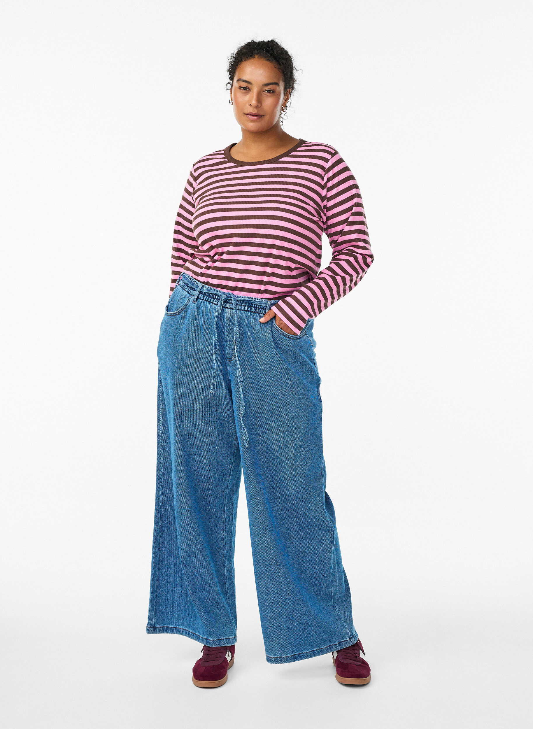 ZizziGestreifte Bluse mit langen &Auml;rmeln, Dunkles Bordeaux, Model image number 1