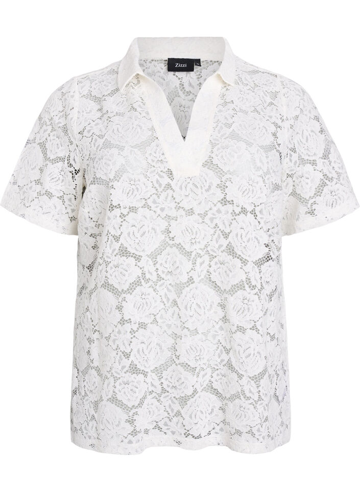 Spitzenbluse mit Kragen und V-Ausschnitt, Vanille, Packshot image number 0