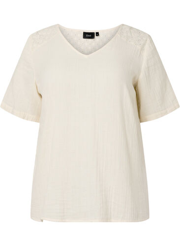 Bluse aus Baumwolle mit Stickerei und kurzen Ärmeln, Buttercream, Packshot image number 0