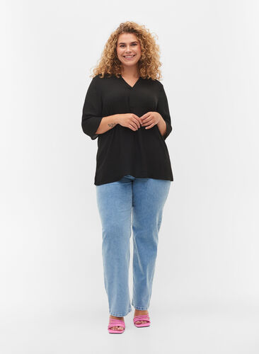 Bluse mit 3/4 Ärmeln und V-Ausschnitt, Black, Model image number 2