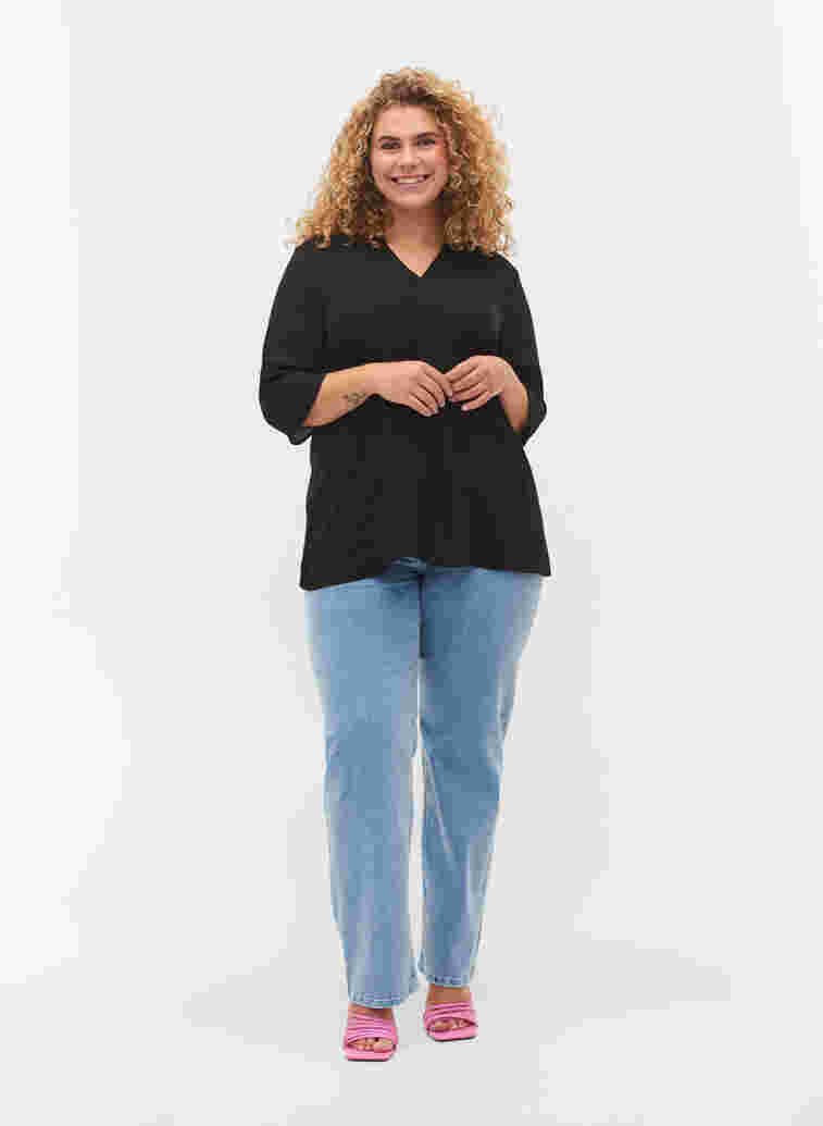 Bluse mit 3/4 Ärmeln und V-Ausschnitt, Black, Model image number 2