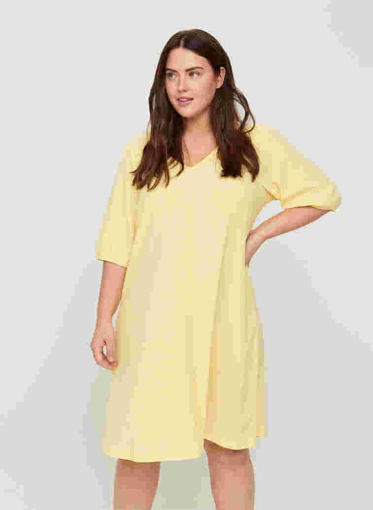 Kleid mit Puffärmeln und V-Ausschnitt, Mellow Yellow, Model image number 0
