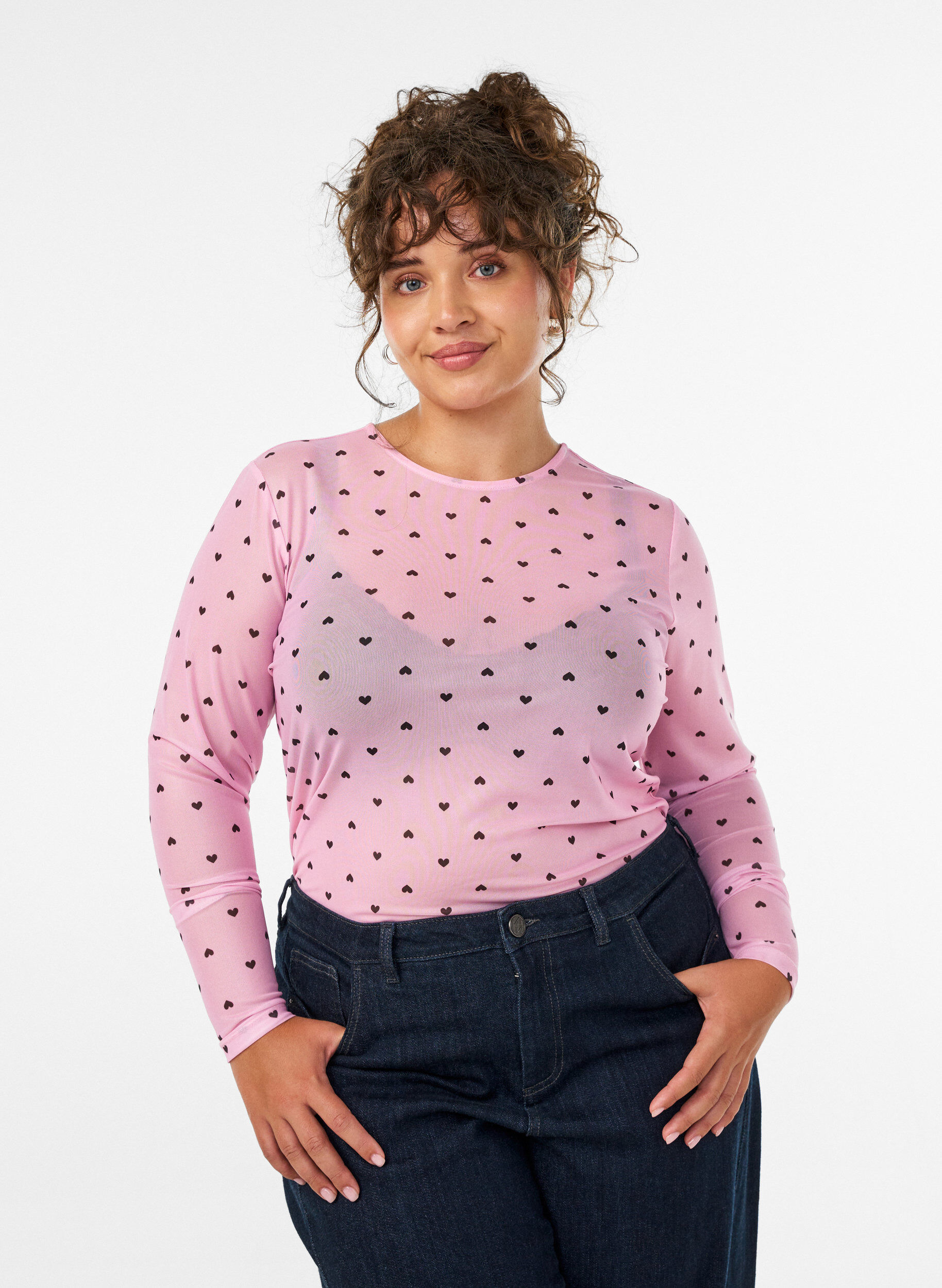 Bluse aus Mesh mit Print, Pink, Model