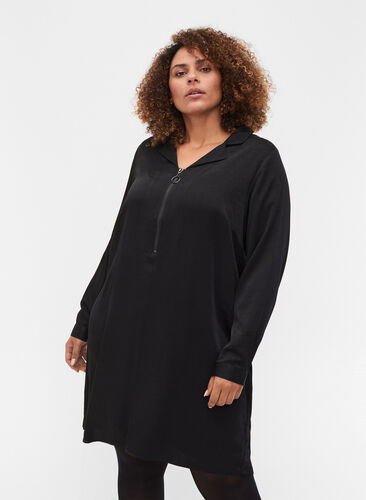 Langarm Kleid mit Kragen und Reißverschluss, Black, Model image number 0