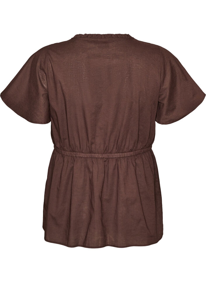 Baumwollbluse mit Bindeband und elastischer Taille, Braun, Packshot image number 1