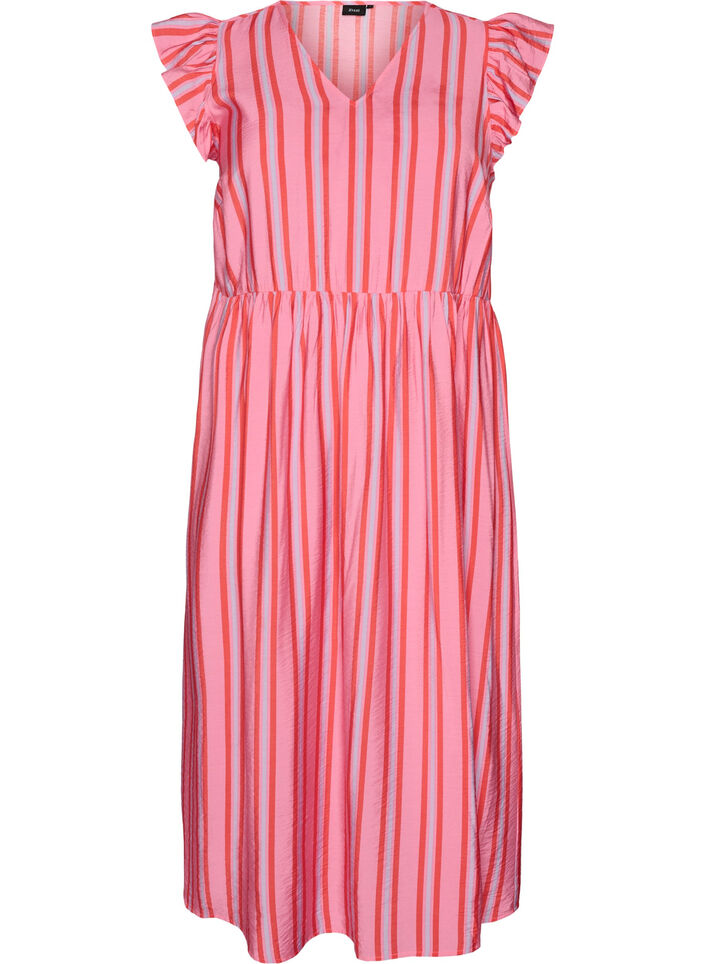 Gestreiftes Midikleid mit Empire-Schnitt und R&uuml;schen, Pink, Packshot image number 0