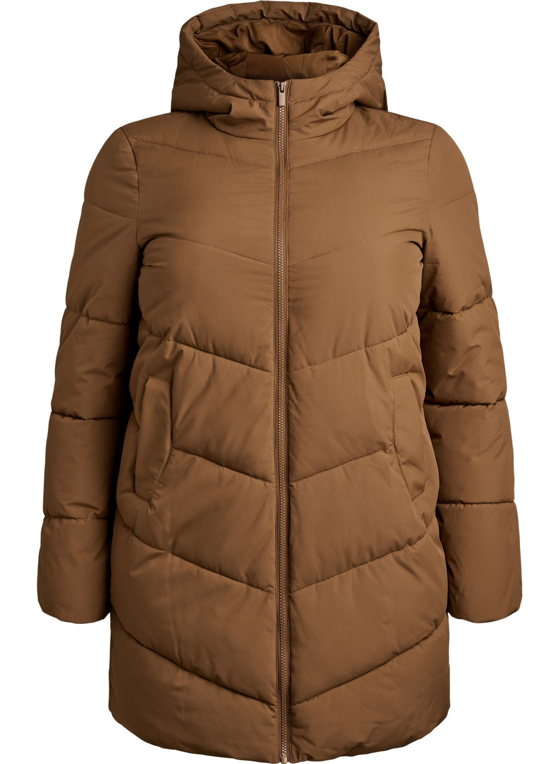 ZizziMittellange Steppjacke mit Kapuze, Braun, Packshot image number 0