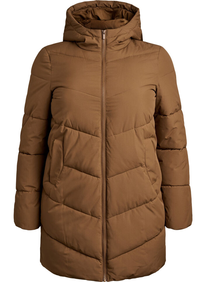 Mittellange Steppjacke mit Kapuze, Braun, Packshot image number 0