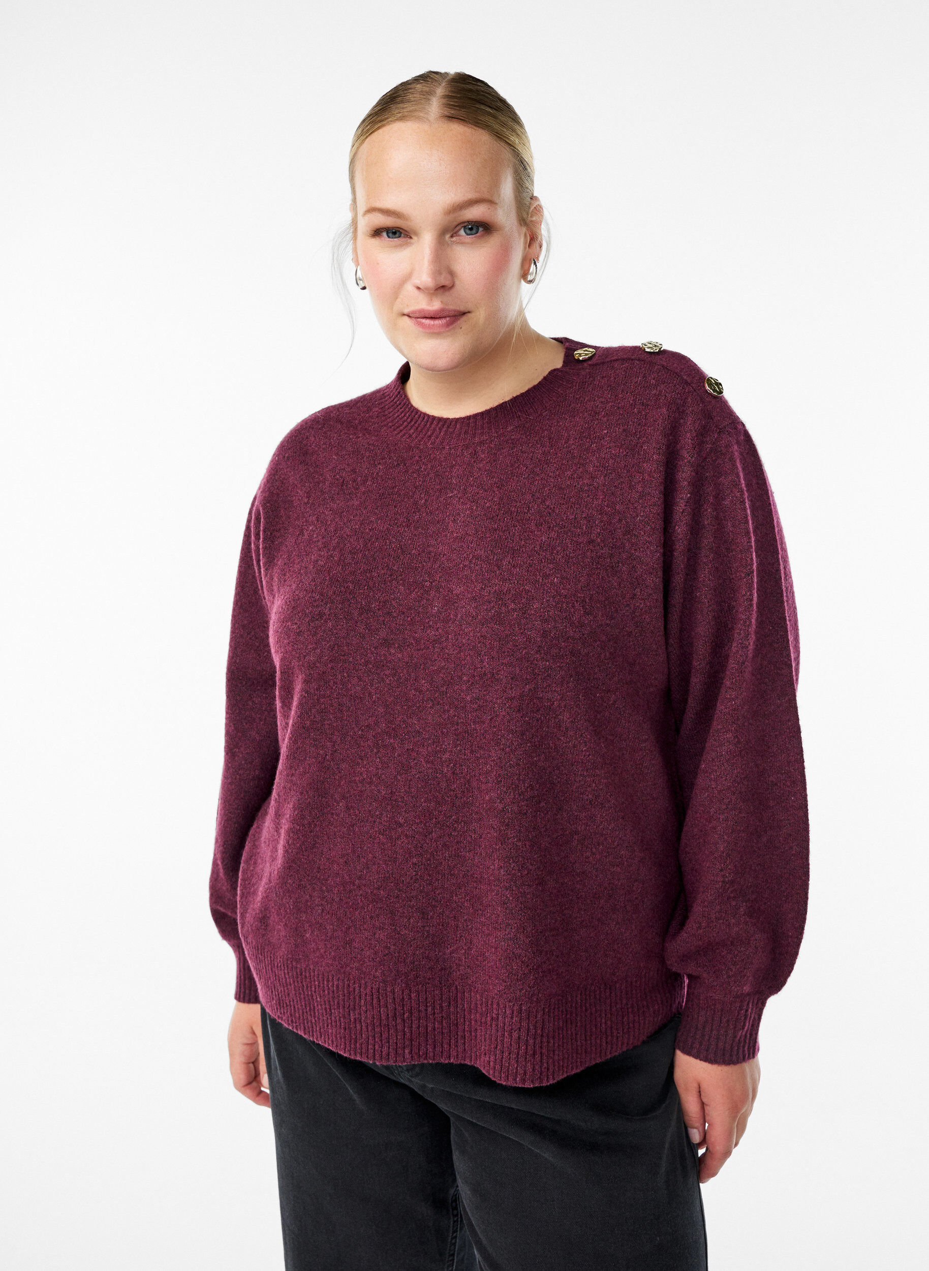 Strickbluse mit Knopfleiste, Dunkles Bordeaux, Model