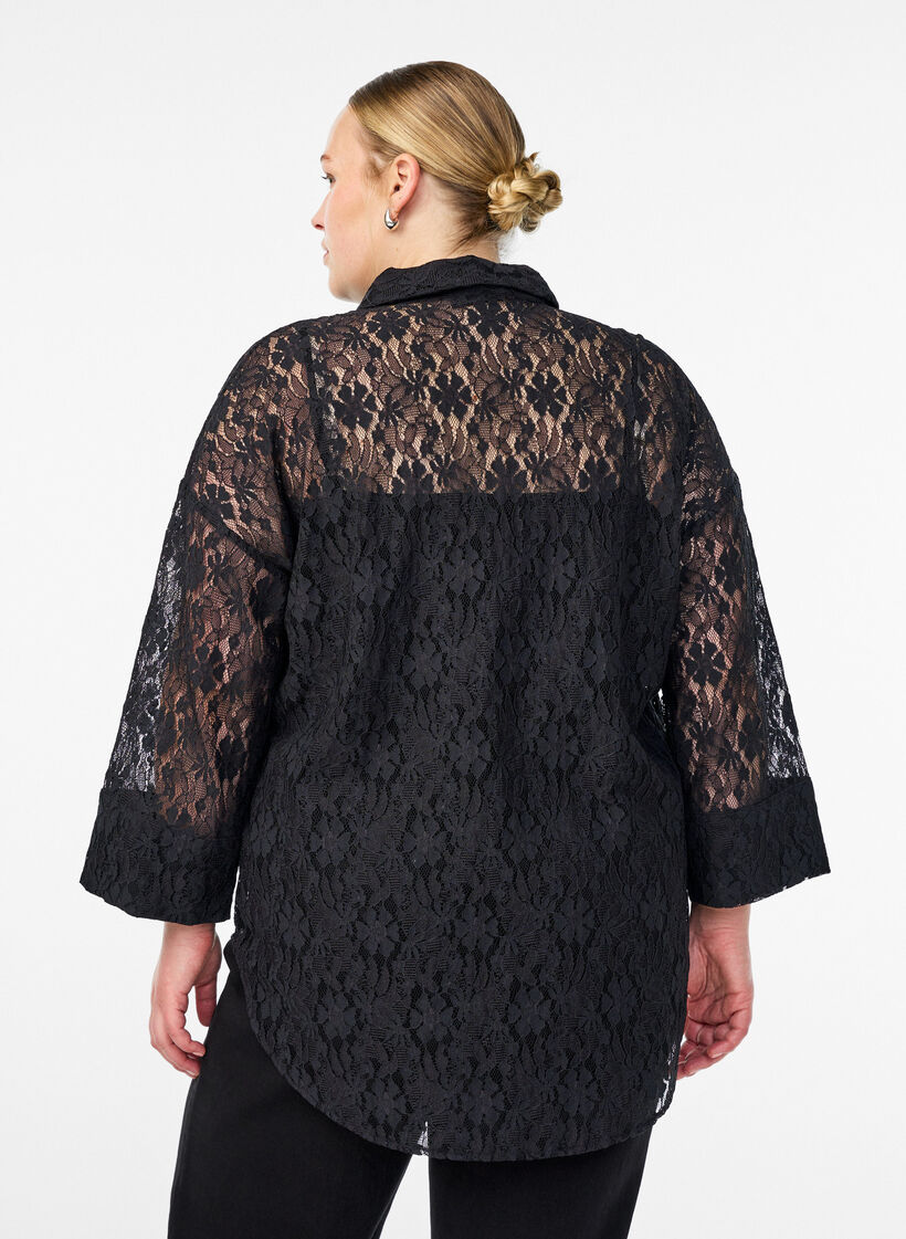 Bluse aus Spitze mit 3/4-Ärmeln, Schwarz, Model image number 2