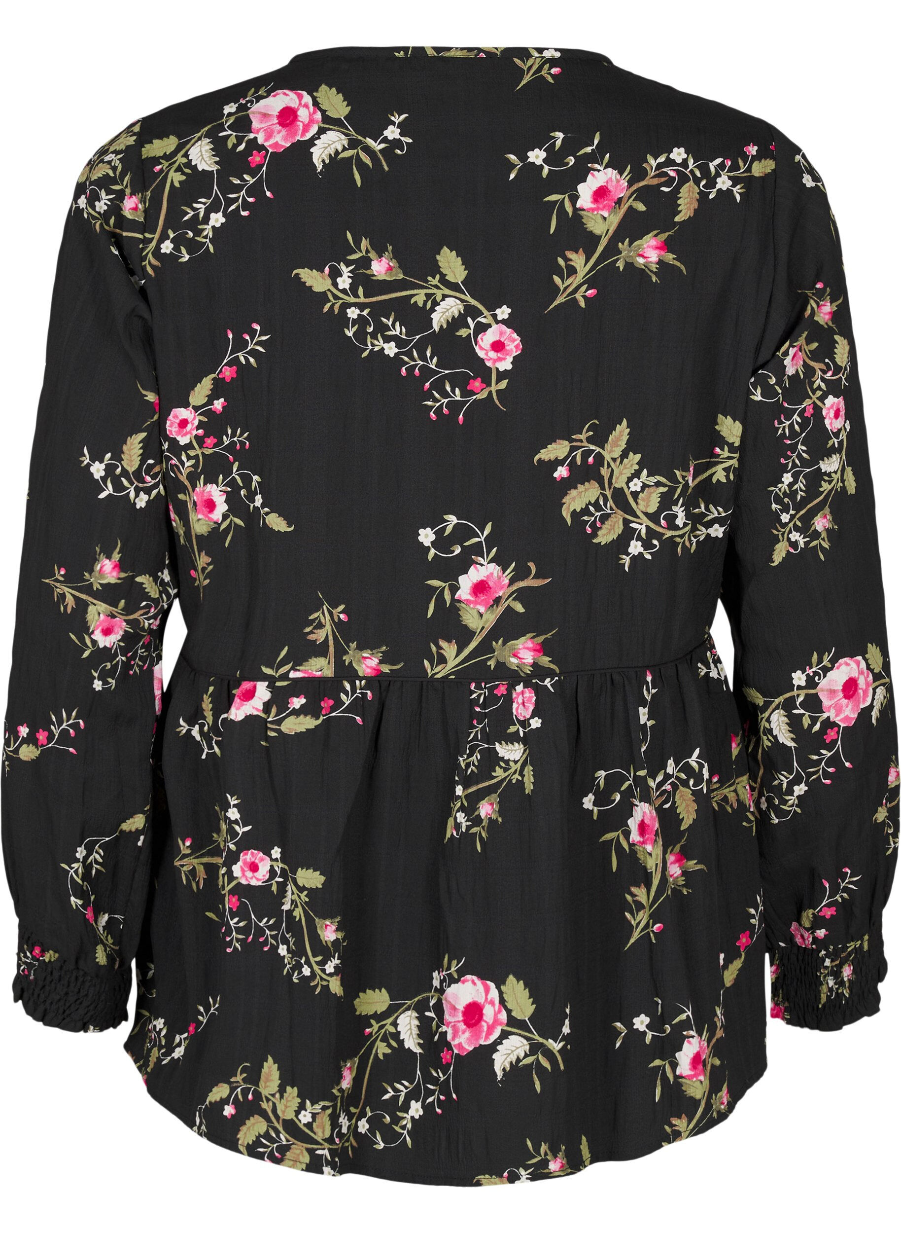 ZizziLang&auml;rmelige Bluse mit gebl&uuml;mtem Muster, Schwarz, Packshot image number 1