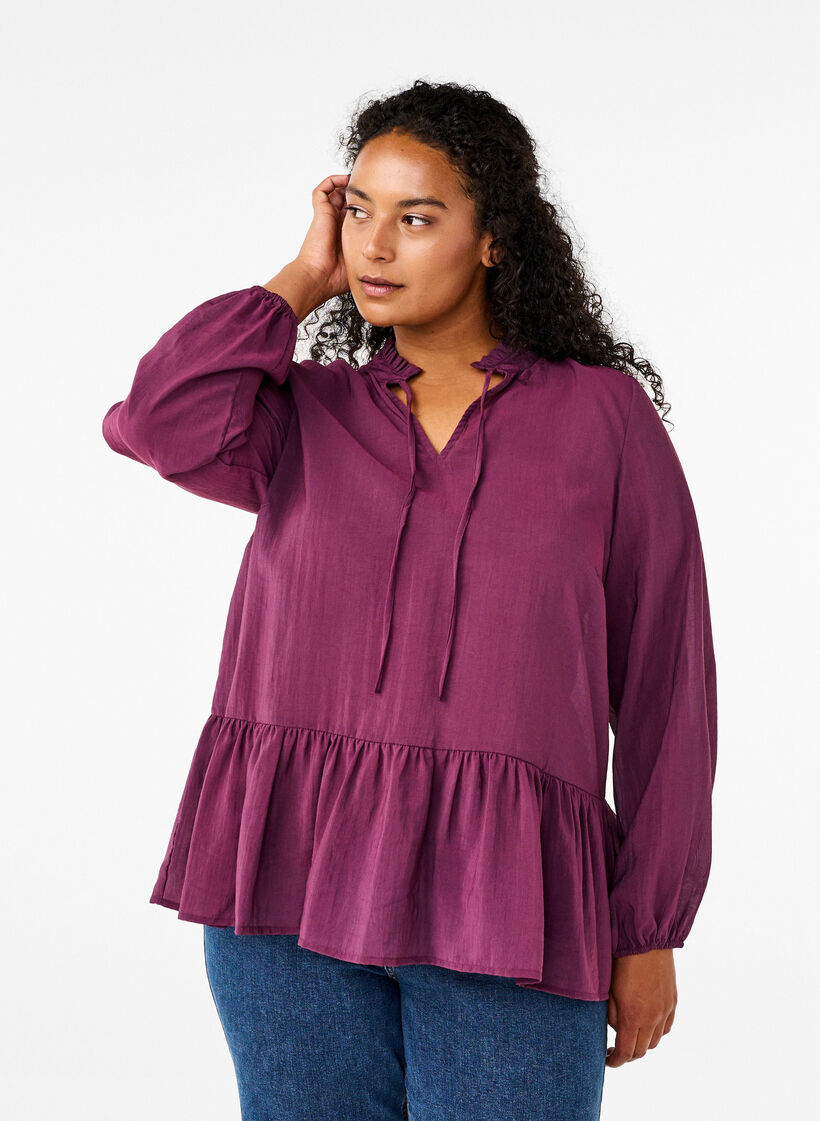  Viskosebluse mit Schößchen, Lila, Model image number 0
