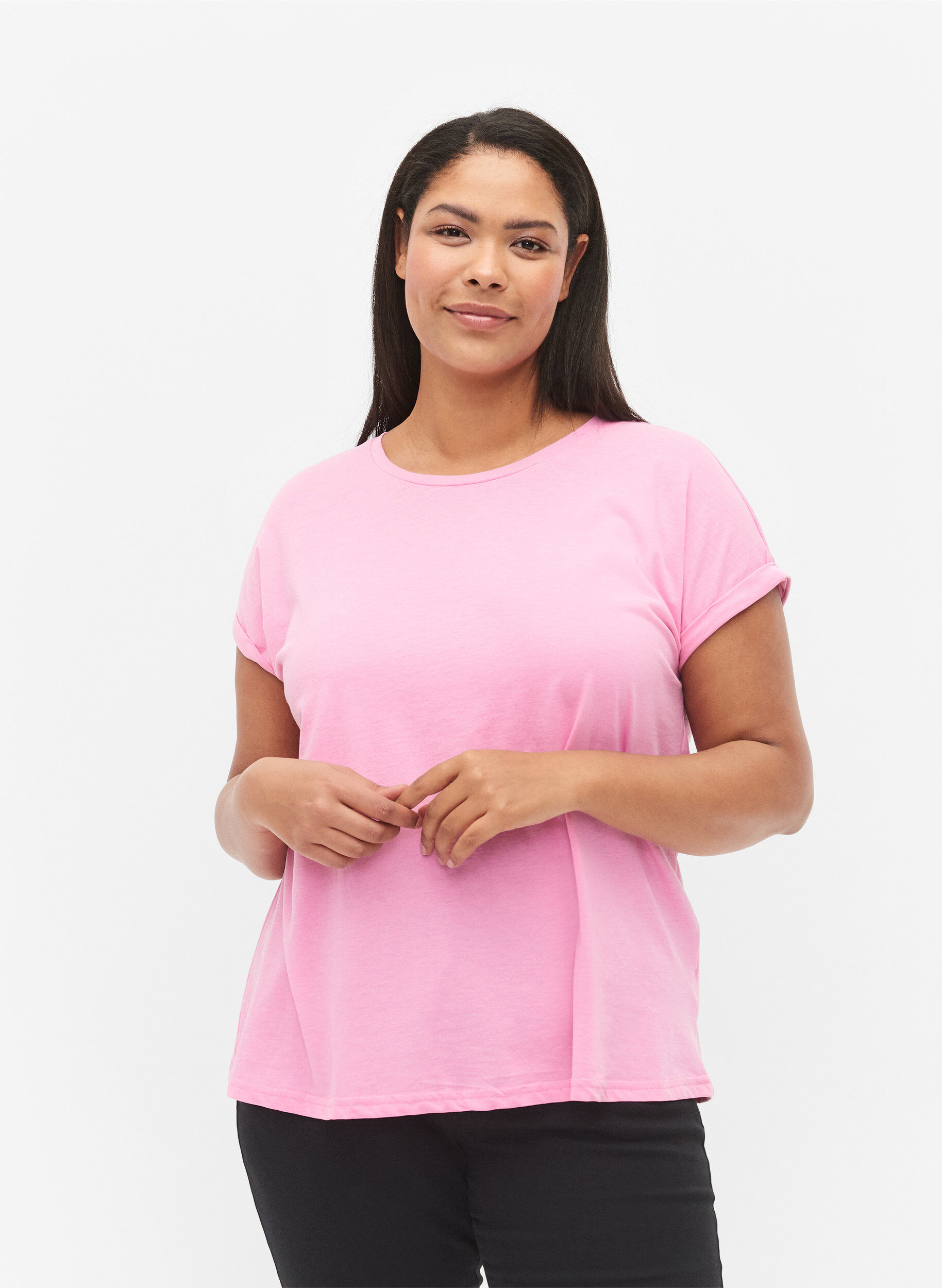Kurz&auml;rmeliges T-Shirt aus einer Baumwollmischung, Pink, Model