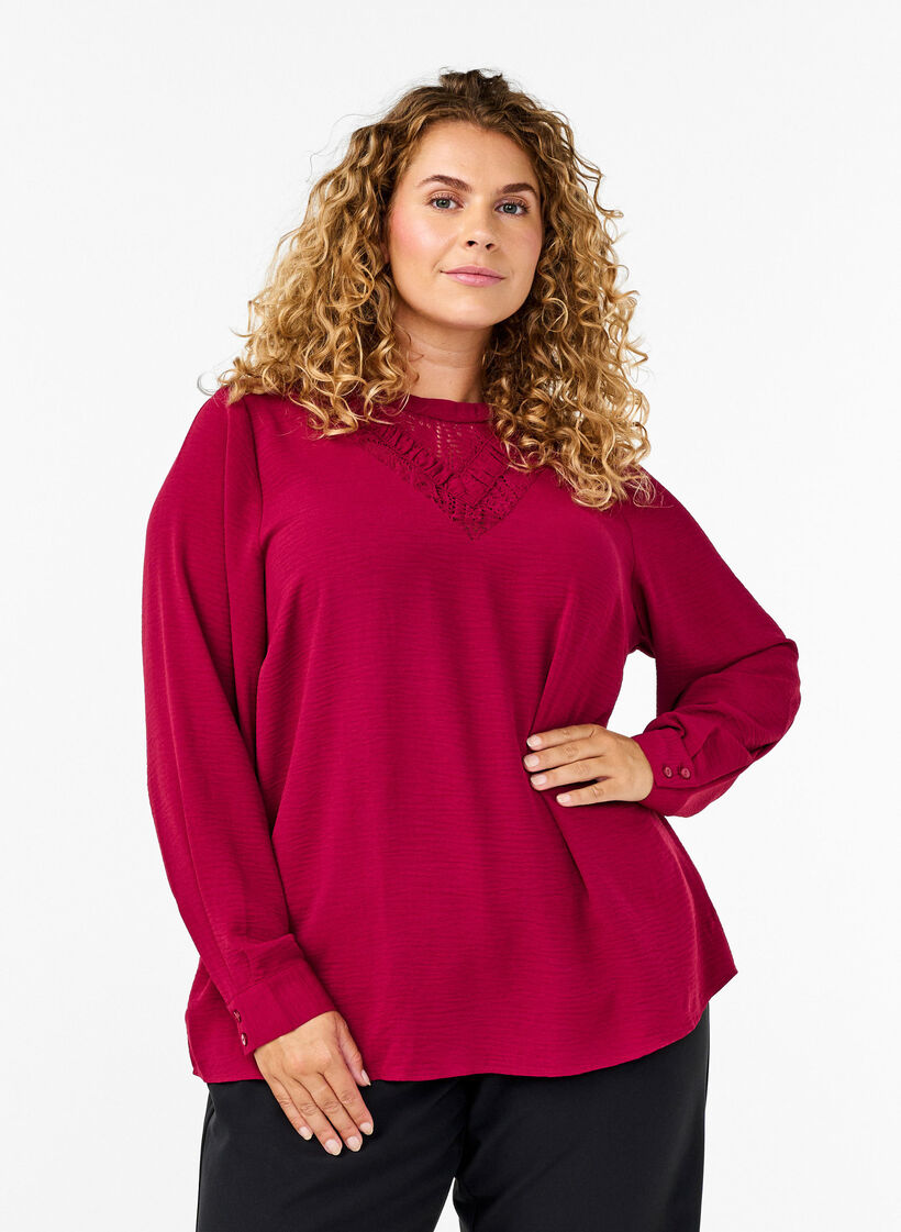 Bluse mit Spitzendetail, Red Plum, Model image number 0