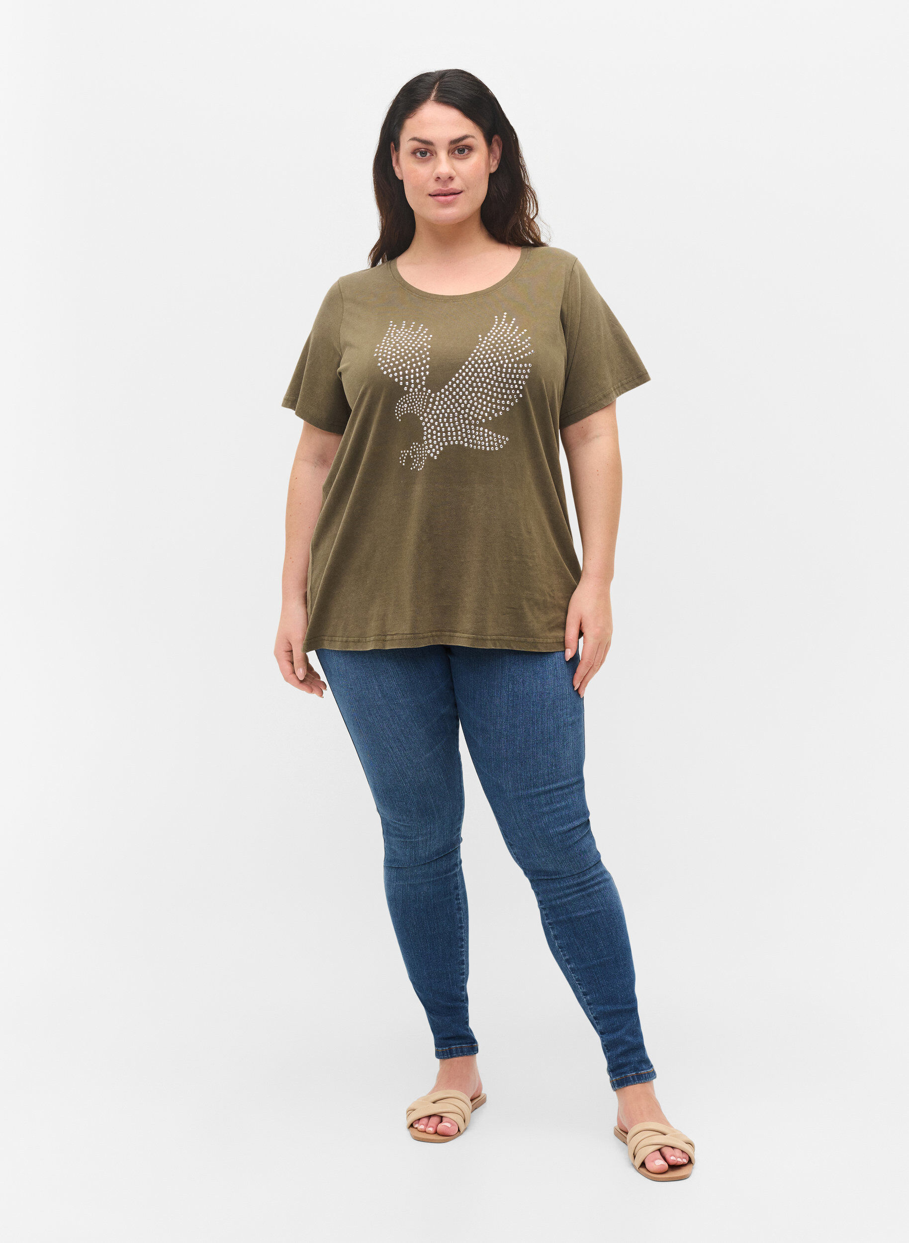 ZizziAcid Wash T-Shirt aus Baumwolle mit Ziersteinen, Ivy Green Wash, Model image number 2