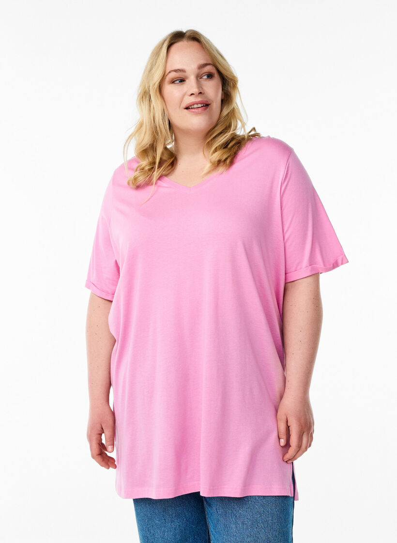 Einfarbiges Oversize T-Shirt mit V-Ausschnitt, Pink, Model image number 0