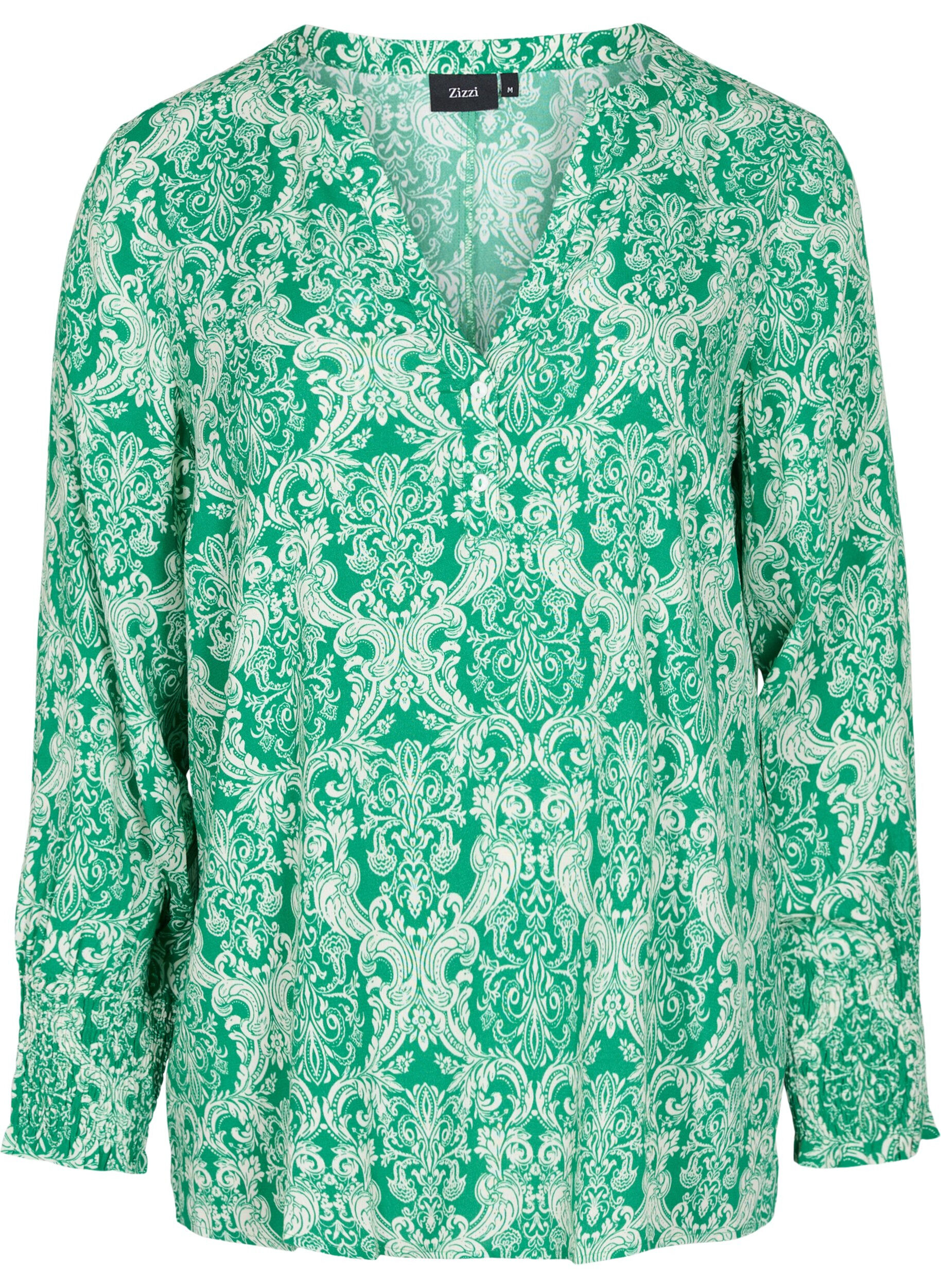 ZizziBluse aus Viskose mit Print und Smock, Jolly Green Oriental, Packshot image number 0