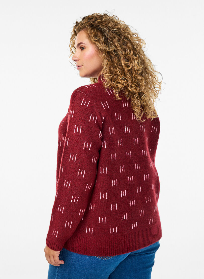 Gemustertes Stricktop mit hohem Kragen, Dunkles Bordeaux, Model image number 2