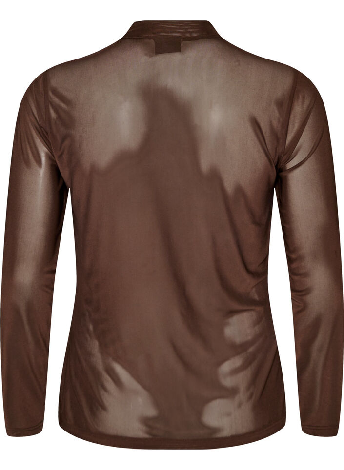 Enganliegende Mesh-Bluse mit langen &Auml;rmeln, Braun, Packshot image number 1