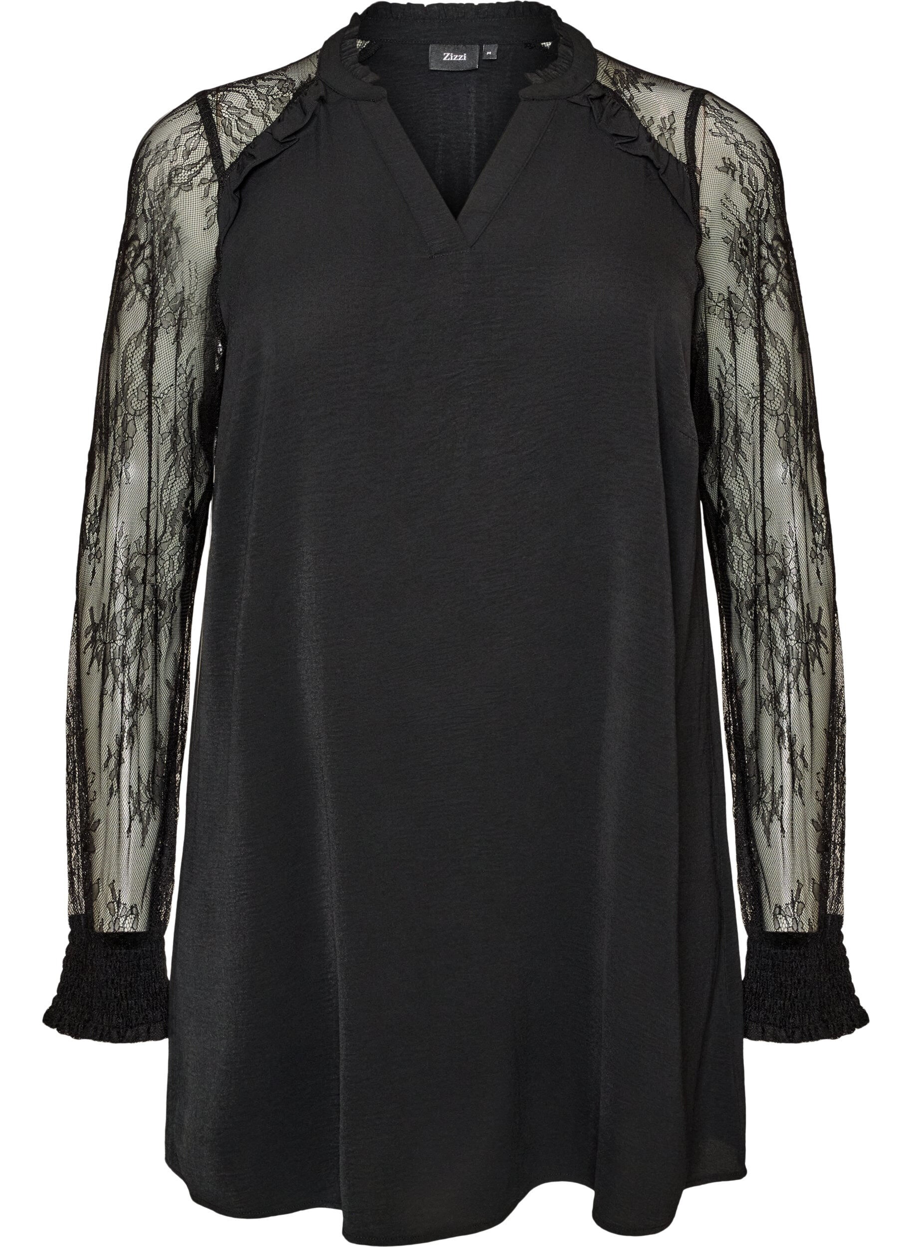 ZizziTunika mit transparenten &Auml;rmeln aus Spitze, Schwarz, Packshot image number 0
