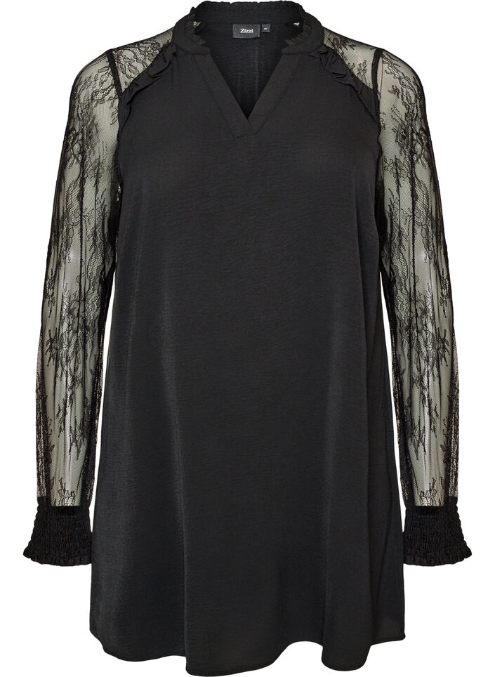 Tunika mit transparenten &Auml;rmeln aus Spitze, Schwarz, Packshot image number 0